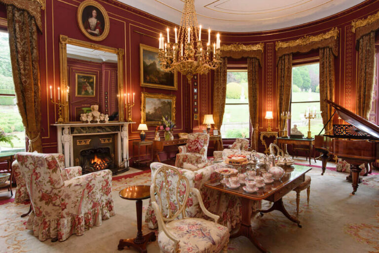 The fireplace in the Red Drawing Room at Broughton Hall