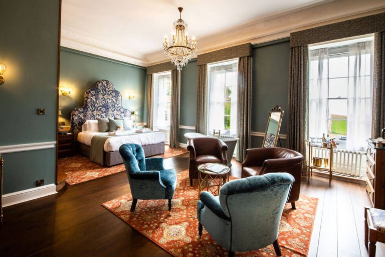 Photo of one of the bedroom suites at Hawkstone Hall