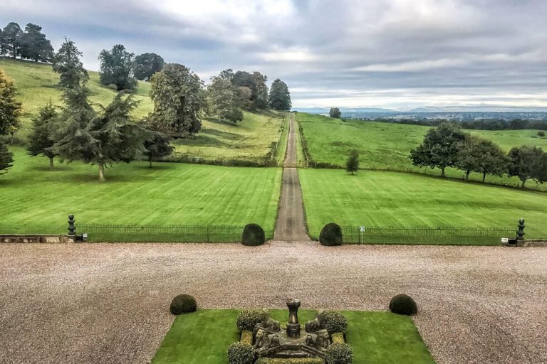 Photo looking down on the front lawn of Hawkstone Hall